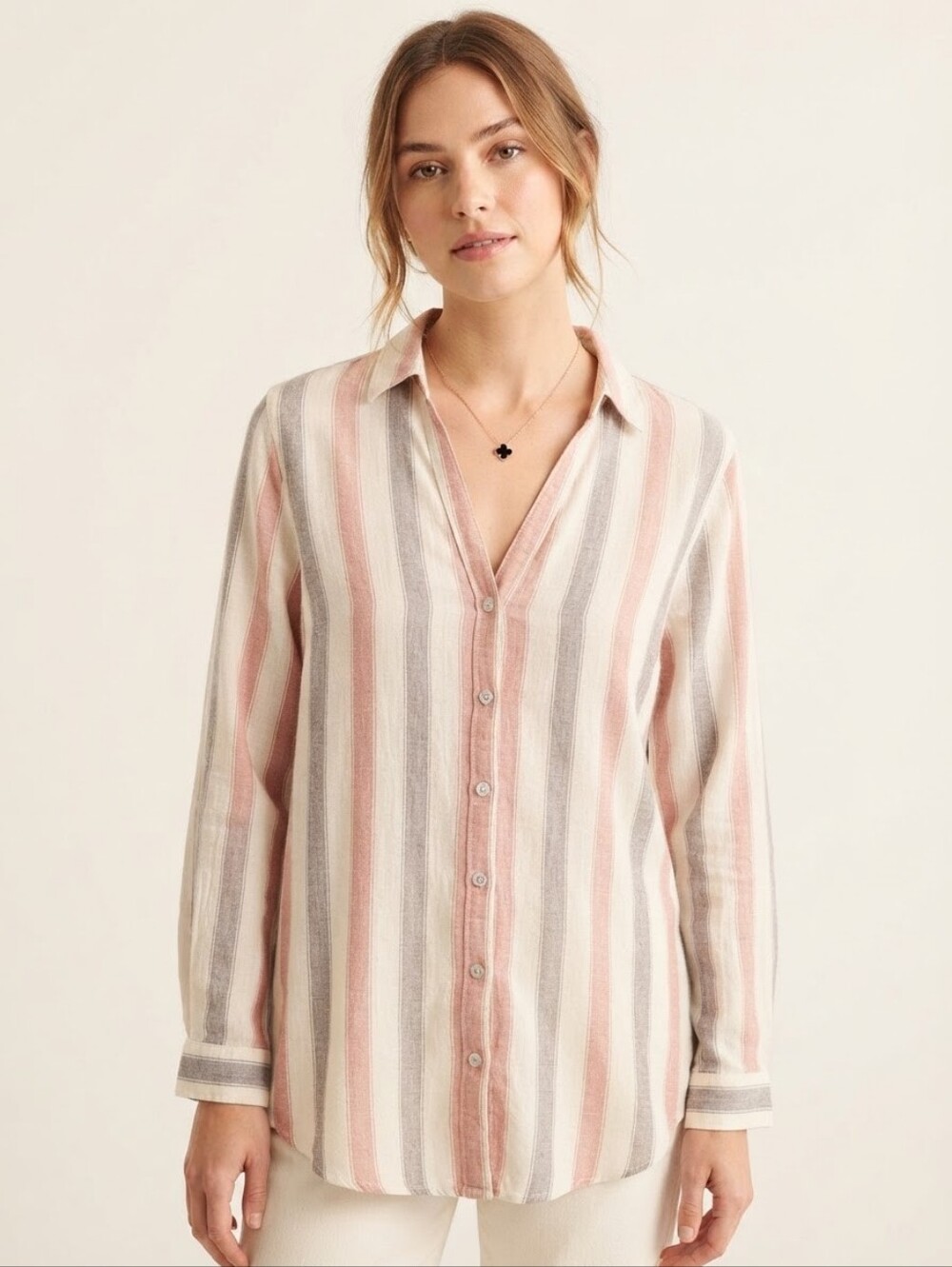 Tahari Pink, White & Gray Striped Button-Down Shirt